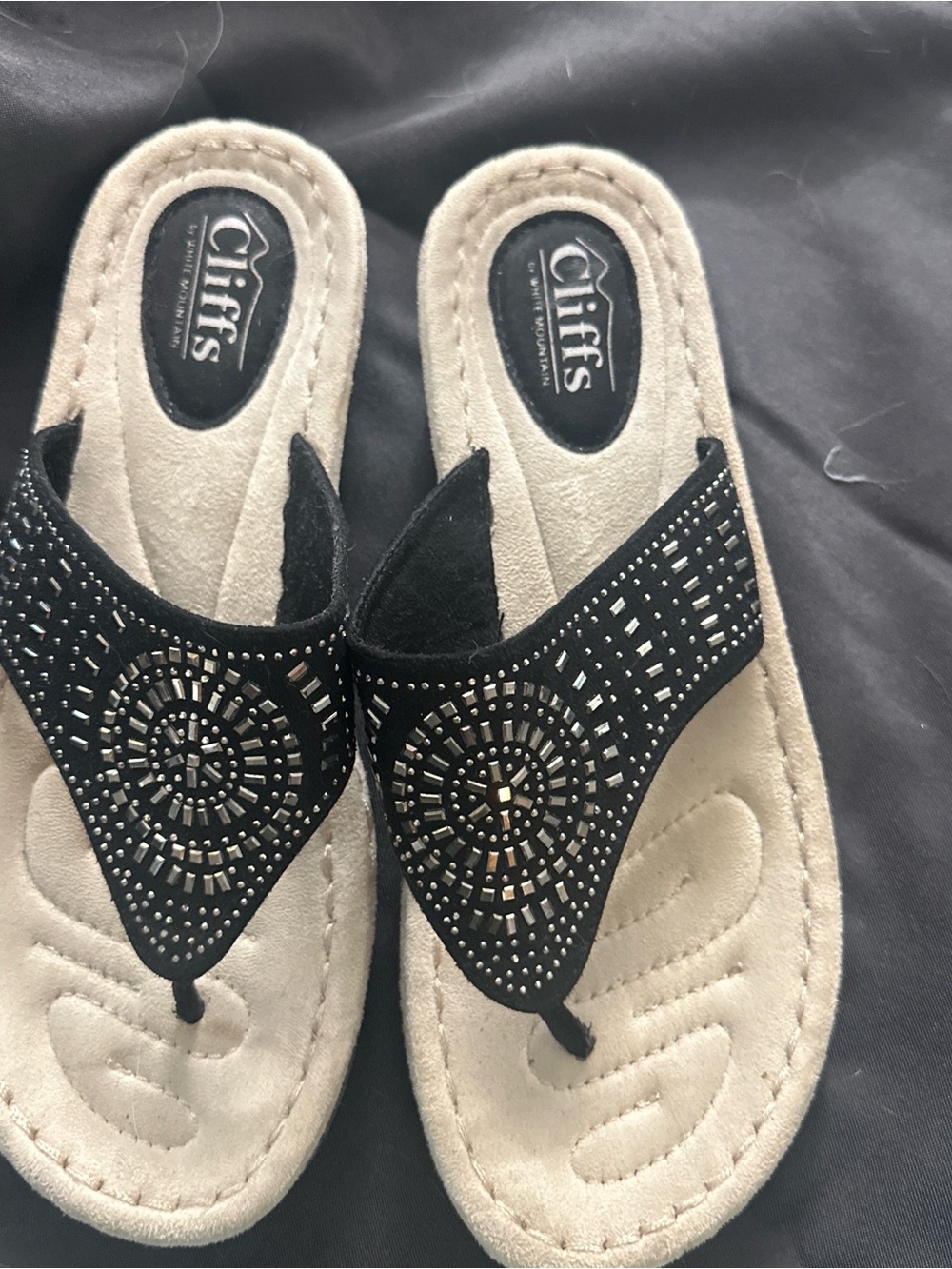 Cliffs by WHITE MOUNTAIN Black Embellished Toe-Post Sandals